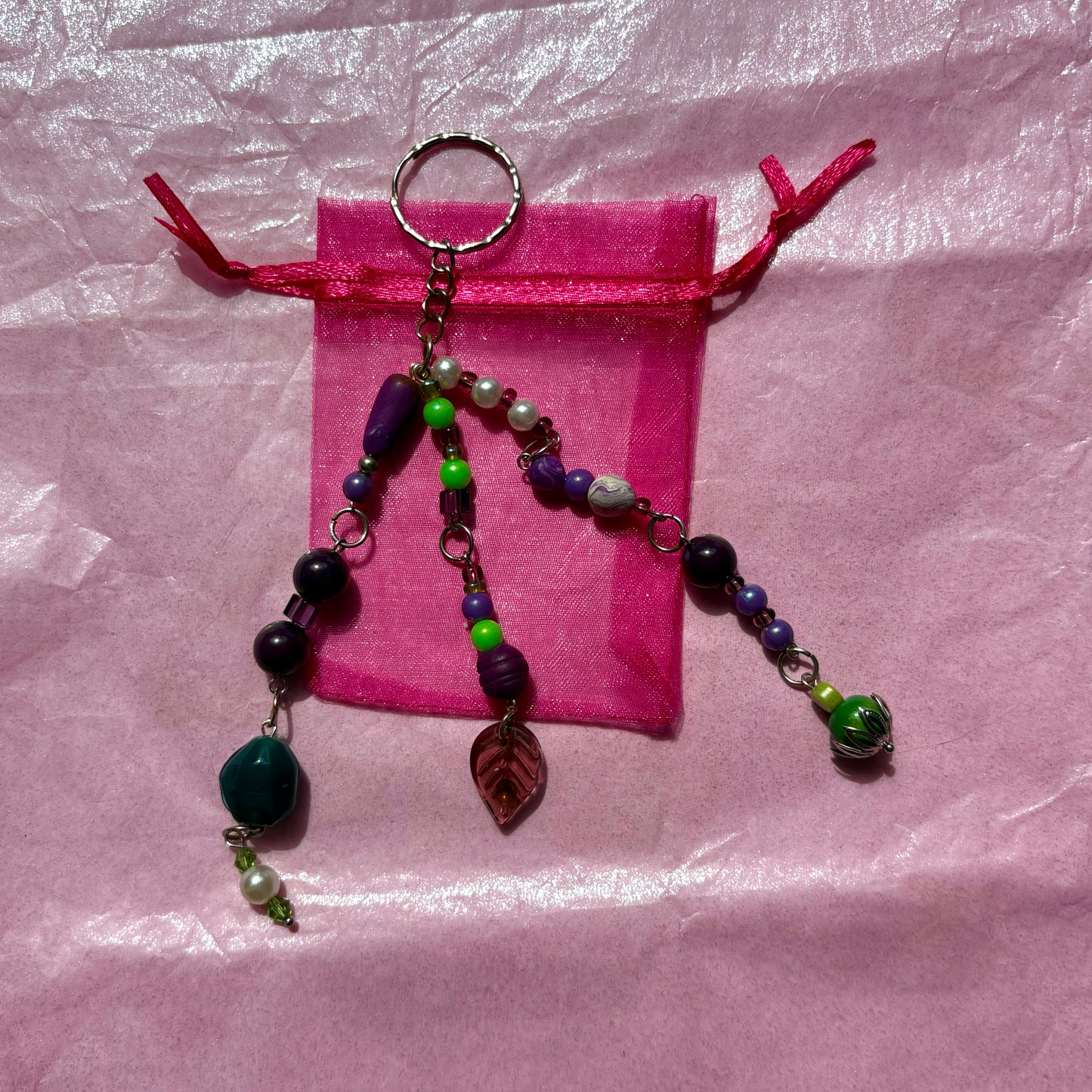 Large Upcycled Beaded Keychain | Green/Purple