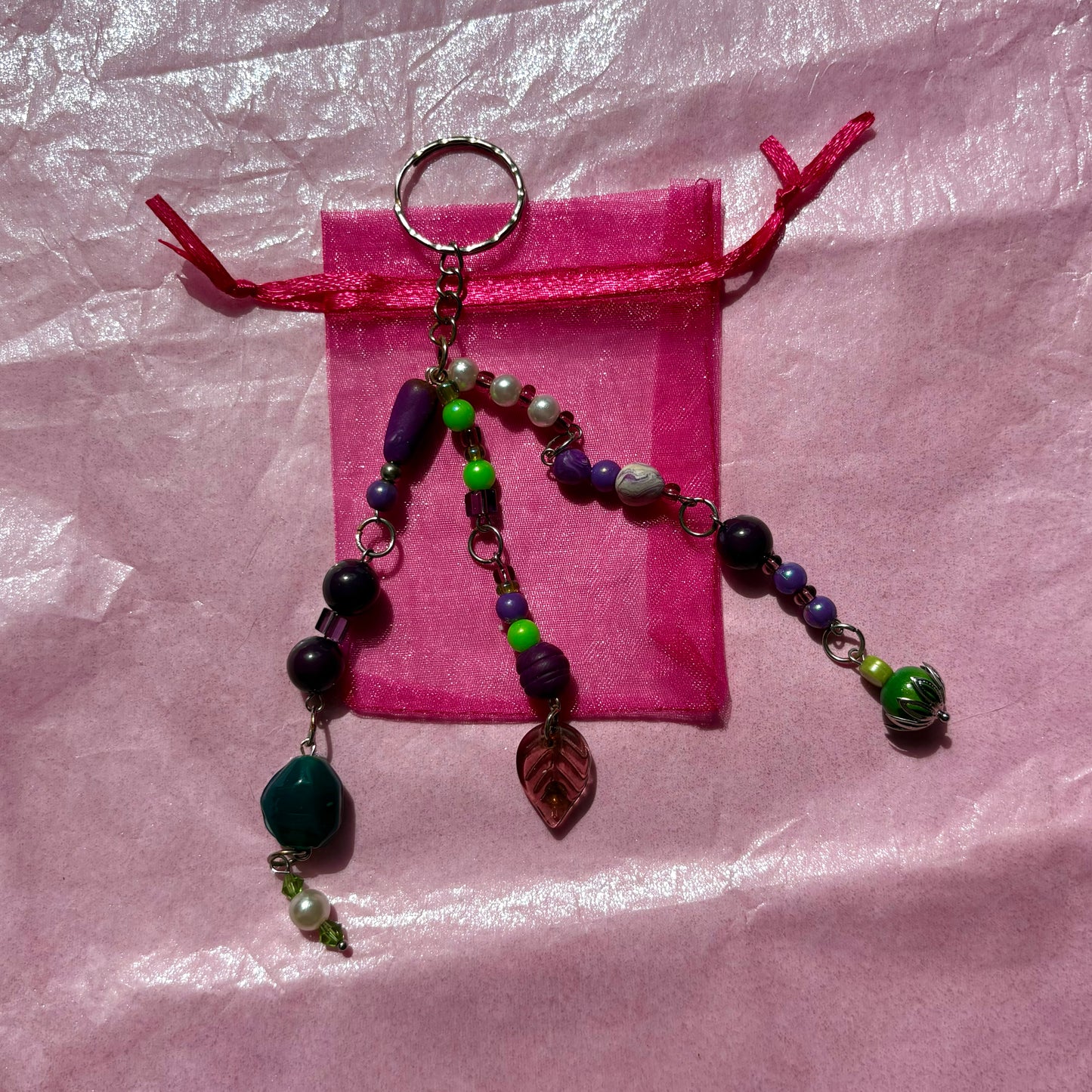 Large Upcycled Beaded Keychain | Green/Purple