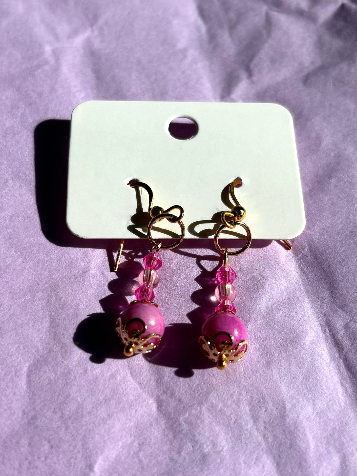 Gold beaded earrings | Pink